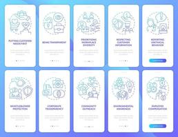 Corporate social responsibilities gradient onboarding mobile app screen set. Walkthrough 5 steps graphic instructions with linear concepts. UI, UX, GUI template. vector