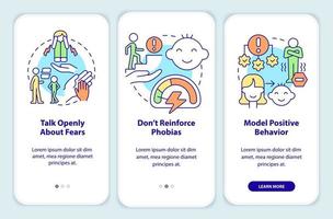 Helping child onboarding mobile app screen. Overcome phobias walkthrough 3 steps graphic instructions pages with linear concepts. UI, UX, GUI template. vector