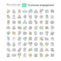 Customer engagement RGB color icons set. Ecommerce. Marketing strategies. Isolated vector illustrations. Simple filled line drawings collection. Editable stroke.