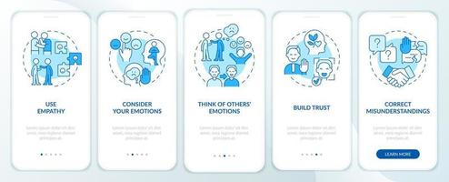 Increasing emotional intelligence blue onboarding mobile app screen. Walkthrough 5 steps graphic instructions pages with linear concepts. UI, UX, GUI template. vector