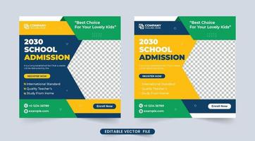 Modern school admission social media post vector with abstract shapes. Academic admission and university study promotion template with yellow and green colors. School admission social media template.