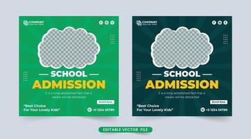 plantilla de publicación en redes sociales de educación infantil y registro escolar con colores oscuros y verdes. diseño de plantilla de admisión escolar simple para promoción. cartel académico y vector de banner web.