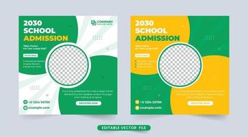 School admission social media post vector with creative round shapes. Academic course promotion template with yellow and green colors. Back to school and study purpose template design.