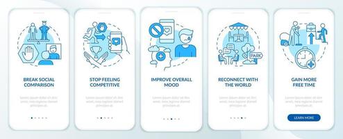 Social media detox reasons blue onboarding mobile app screen. Internet walkthrough 5 steps graphic instructions pages with linear concepts. UI, UX, GUI template. vector