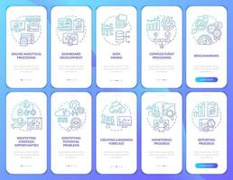 conjunto de pantalla de aplicaciones móviles de incorporación de gradiente azul de soluciones de gestión de datos. tutorial 5 pasos páginas de instrucciones gráficas con conceptos lineales. interfaz de usuario, ux, plantilla de interfaz gráfica de usuario. vector