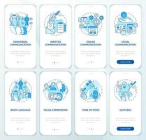 conjunto de pantalla de aplicación móvil de incorporación azul de desarrollo de habilidades de comunicación. tutorial 4 pasos páginas de instrucciones gráficas con conceptos lineales. interfaz de usuario, ux, plantilla de interfaz gráfica de usuario. vector