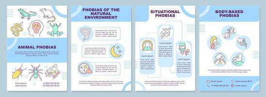 Phobia categories brochure template. Common types of fears. Leaflet design with linear icons. 4 vector layouts for presentation, annual reports.