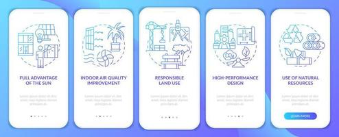 Green building strategies blue gradient onboarding mobile app screen. Walkthrough 5 steps graphic instructions pages with linear concepts. UI, UX, GUI template. vector