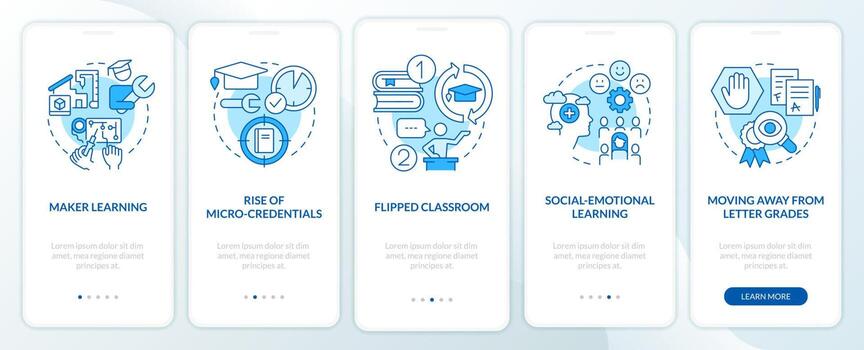 Trends in education blue onboarding mobile app screen. Learning walkthrough 5 steps editable graphic instructions with linear concepts. UI, UX, GUI template. vector