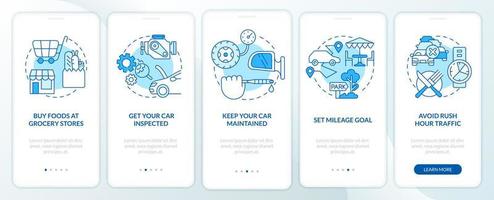 Road trip tips blue onboarding mobile app screen. Car travel walkthrough 5 steps editable graphic instructions with linear concepts. UI, UX, GUI template. vector