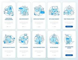 Comfortable road trip blue onboarding mobile app screen set. Walkthrough 5 steps editable graphic instructions with linear concepts. UI, UX, GUI template. vector