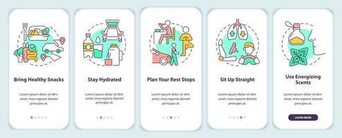 Road trip healthy habits onboarding mobile app screen. Car tourism walkthrough 5 steps editable graphic instructions with linear concepts. UI, UX, GUI template. vector