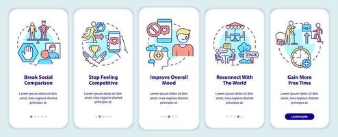 Social media detox reasons onboarding mobile app screen. Internet walkthrough 5 steps graphic instructions pages with linear concepts. UI, UX, GUI template. vector