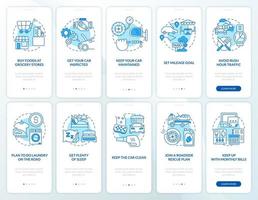 conjunto de pantalla de aplicación móvil de incorporación de planificación de viaje por carretera azul. tutorial 5 pasos instrucciones gráficas editables con conceptos lineales. interfaz de usuario, ux, plantilla de interfaz gráfica de usuario. vector