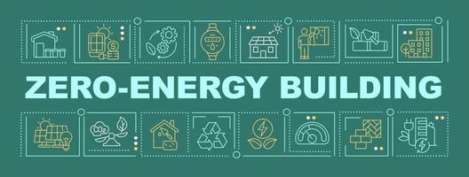 Net zero energy building word concepts dark green banner. Alternative resources. Infographics with icons on color background. Isolated typography. Vector illustration with text.