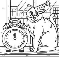 Página para colorear de gato y reloj de cuenta regresiva de año nuevo vector