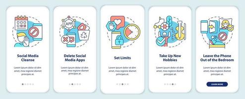 Ways to break social media addiction onboarding mobile app screen. Detox walkthrough 5 steps graphic instructions pages with linear concepts. UI, UX, GUI template.