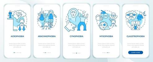 Most common phobias blue onboarding mobile app screen. Anxiety disorder walkthrough 5 steps graphic instructions pages with linear concepts. UI, UX, GUI template. vector