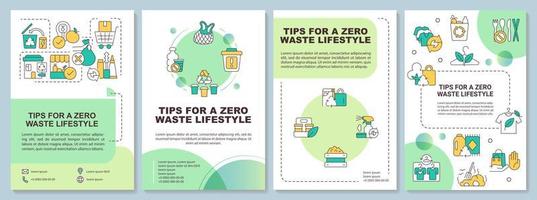 Living zero waste life advices green brochure template. Leaflet design with linear icons. Editable 4 vector layouts for presentation, annual reports.