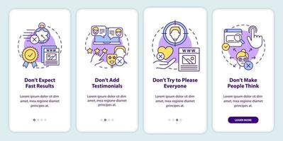 Creating website donts onboarding mobile app screen. Expectations walkthrough 4 steps editable graphic instructions with linear concepts. UI, UX, GUI template. vector