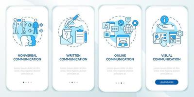 Ways to communicate with people blue onboarding mobile app screen. Walkthrough 4 steps graphic instructions pages with linear concepts. UI, UX, GUI template. vector