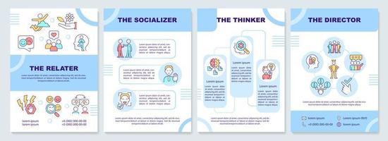 Communication styles blue brochure template. Relater and thinker. Leaflet design with linear icons. 4 vector layouts for presentation, annual reports.