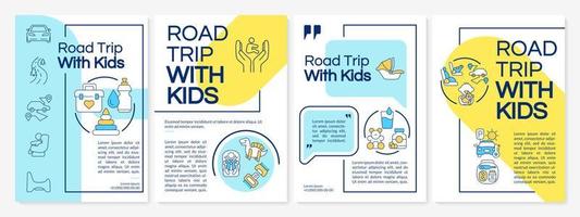 Road trip with kids blue and yellow brochure template. Car travel. Leaflet design with linear icons. Editable 4 vector layouts for presentation, annual reports.