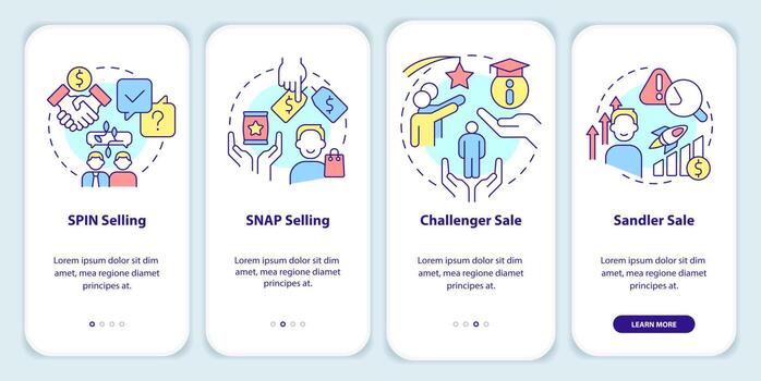 Sales techniques onboarding mobile app screen. Goods promotion walkthrough 4 steps editable graphic instructions with linear concepts. UI, UX, GUI template. vector
