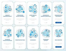 conjunto de pantalla de aplicación móvil de incorporación azul de la economía del creador. tutorial de redes sociales 5 pasos instrucciones gráficas editables con conceptos lineales. interfaz de usuario, ux, plantilla de interfaz gráfica de usuario. vector