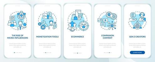 Tendencias de la economía del creador pantalla azul de la aplicación móvil de incorporación. tutorial 5 pasos instrucciones gráficas editables con conceptos lineales. interfaz de usuario, ux, plantilla de interfaz gráfica de usuario. vector