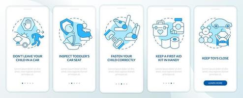 viaje por carretera con consejos para niños pequeños pantalla azul de la aplicación móvil de incorporación. tutorial 5 pasos instrucciones gráficas editables con conceptos lineales. interfaz de usuario, ux, plantilla de interfaz gráfica de usuario. vector