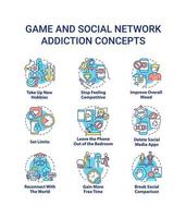 Game and social network addiction concept icons set. Obsession with virtual world idea thin line color illustrations. Isolated symbols. Editable stroke. vector