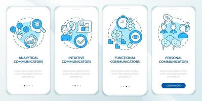 Common types of communicators blue onboarding mobile app screen. Walkthrough 4 steps graphic instructions pages with linear concepts. UI, UX, GUI template. vector