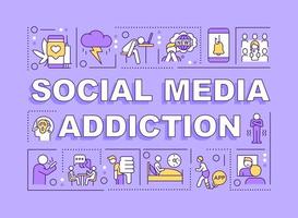 Social media addiction word concepts purple banner. Mental problem. Infographics with icons on color background. Isolated typography. Vector illustration with text.