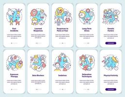 Phobia treatment onboarding mobile app screen set. Anxiety disorder walkthrough 5 steps graphic instructions pages with linear concepts. UI, UX, GUI template. vector