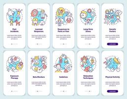 Phobia treatment onboarding mobile app screen set. Anxiety disorder walkthrough 5 steps graphic instructions pages with linear concepts. UI, UX, GUI template. vector