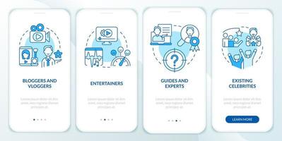 Types of creators blue onboarding mobile app screen. Content makers walkthrough 4 steps editable graphic instructions with linear concepts. UI, UX, GUI template. vector