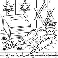 página para colorear del libro y el pergamino de la torá de hanukkah vector