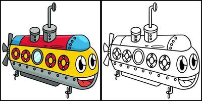 Submarine with Face Vehicle Coloring Illustration vector