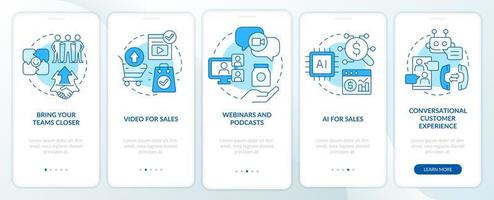 Sales trends blue onboarding mobile app screen. Marketing development walkthrough 5 steps editable graphic instructions with linear concepts. UI, UX, GUI template. vector