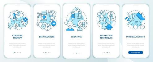Anxiety disorder treatment blue onboarding mobile app screen. Walkthrough 5 steps graphic instructions pages with linear concepts. UI, UX, GUI template. vector