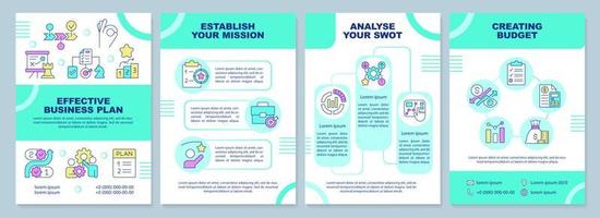 Effective business plan turquoise brochure template. Leaflet design with linear icons. Editable 4 vector layouts for presentation, annual reports.