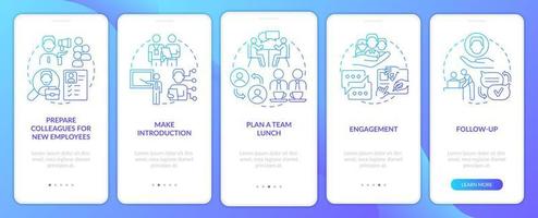 pantalla de la aplicación móvil de incorporación de degradado azul del proceso de adaptación en desarrollo. Instrucciones gráficas de 5 pasos con conceptos lineales. interfaz de usuario, ux, plantilla de interfaz gráfica de usuario. vector