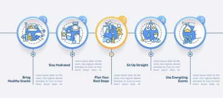 Road trip healthy habits circle infographic template. Car tourism. Data visualization with 5 steps. Editable timeline info chart. Workflow layout with line icons. vector