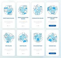 vender estrategias y técnicas conjunto de pantalla de aplicación móvil de incorporación azul. tutorial 4 pasos instrucciones gráficas editables con conceptos lineales. interfaz de usuario, ux, plantilla de interfaz gráfica de usuario. vector