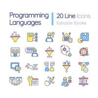 Programming languages RGB color icons set. Writing code. Computer science. Isolated vector illustrations. Simple filled line drawings collection. Editable stroke.