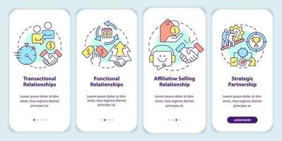 Types of sales relationships onboarding mobile app screen. Service walkthrough 4 steps editable graphic instructions with linear concepts. UI, UX, GUI template. vector