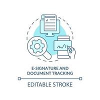 icono de concepto turquesa de seguimiento de documentos y firma electrónica. herramienta de ventas idea abstracta ilustración de línea delgada. estatus legal. dibujo de contorno aislado. trazo editable. vector