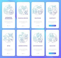 Usage of biometric technology blue gradient onboarding mobile app screen set. Walkthrough 4 steps graphic instructions with linear concepts. UI, UX, GUI template. vector