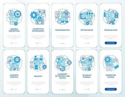 conjunto de pantalla de aplicación móvil de incorporación azul de éxito de planificación empresarial. tutorial 5 pasos instrucciones gráficas editables con conceptos lineales. interfaz de usuario, ux, plantilla de interfaz gráfica de usuario. vector